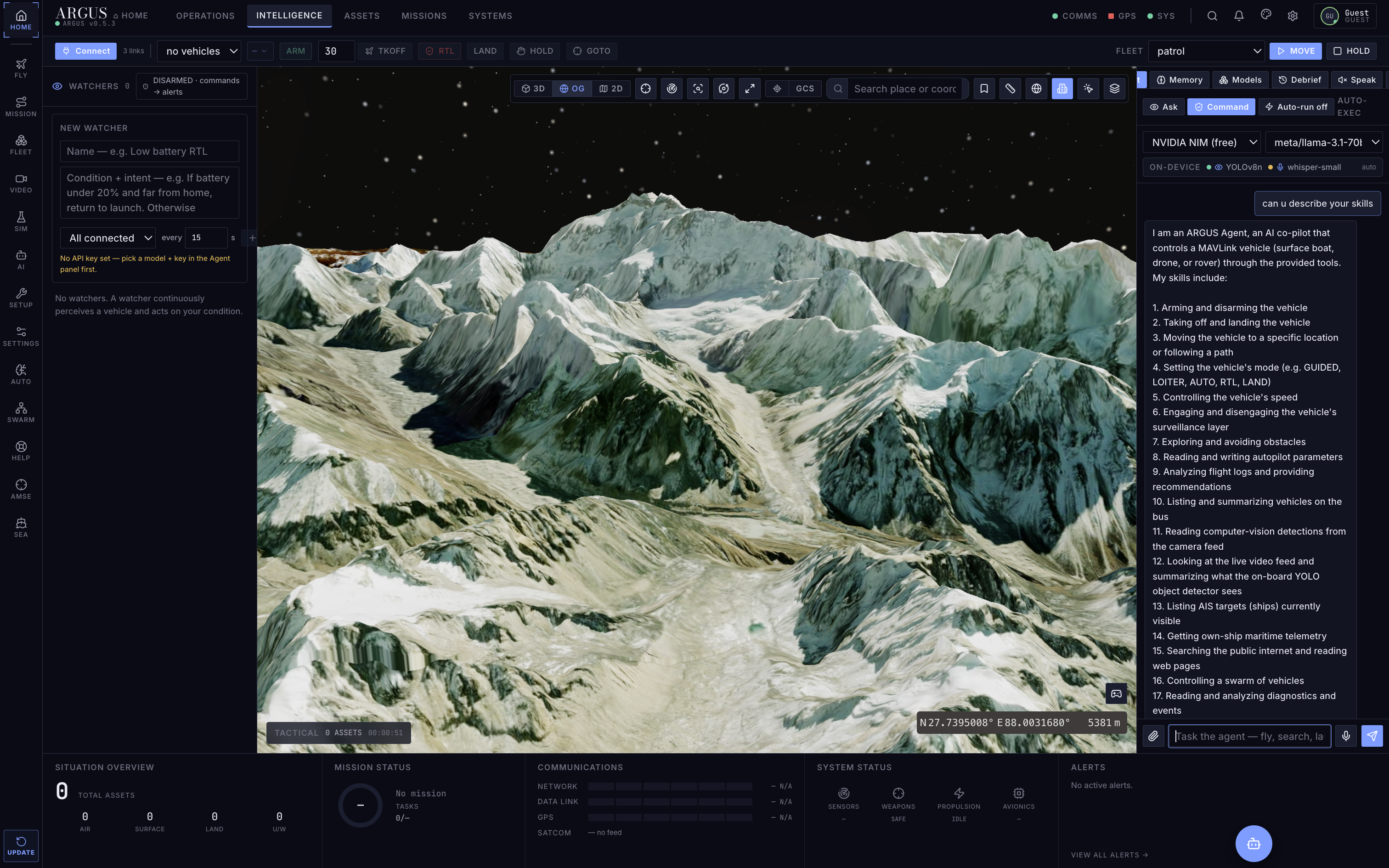 ARGUS Intelligence workspace with natural-language agent, Ask/Command modes and on-device models