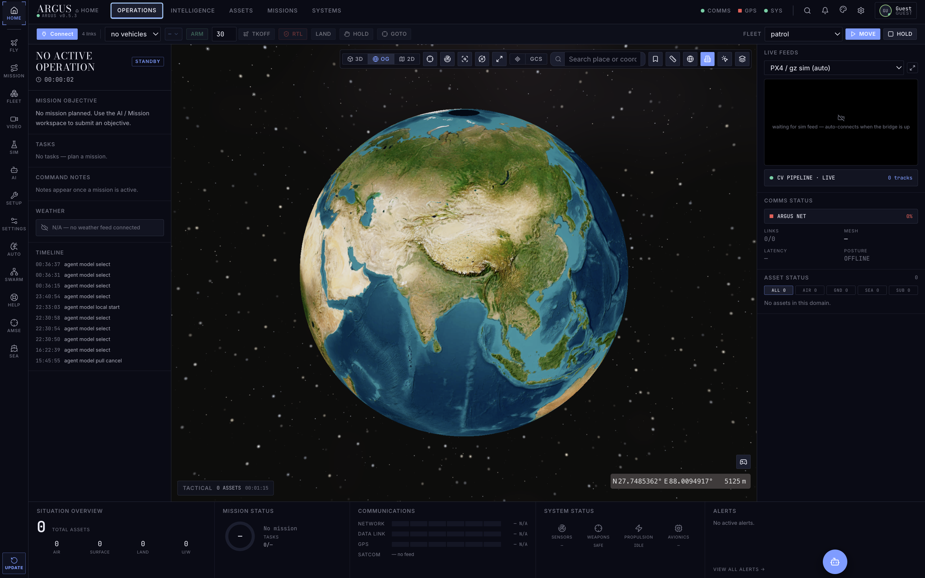 ARGUS Operations workspace with live feeds, CV pipeline and per-domain asset status